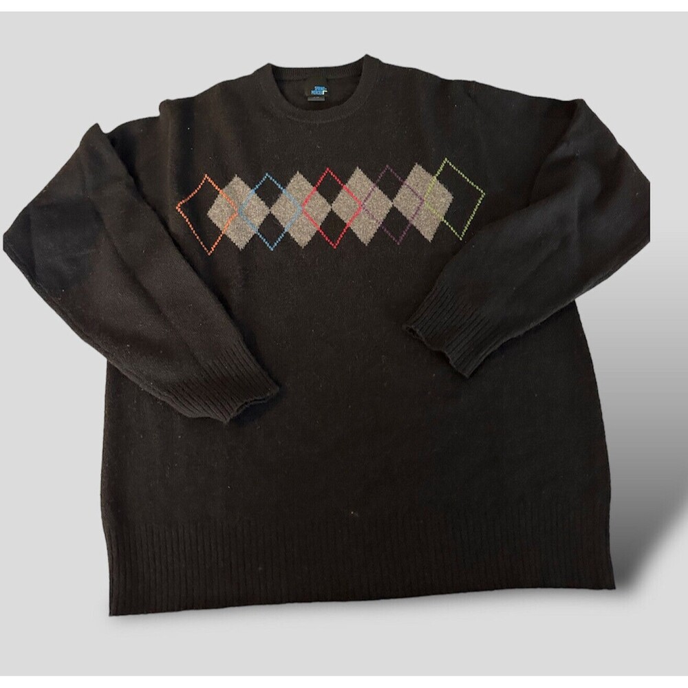 Spring + Mercer Mens Large Cashmere Crewneck Sweater Black Argyle Pullover Dad